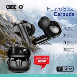 Geeoo T6 Pro earbuds black wireless bluetooth earbuds heavy bass Bangladesh